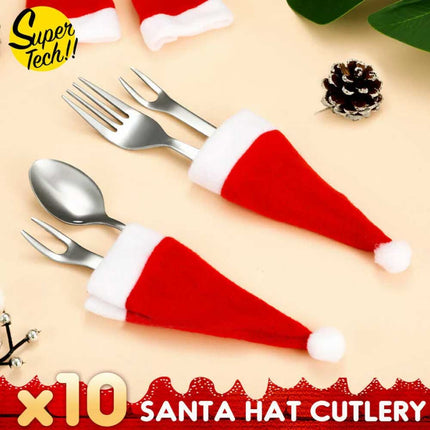 10PCS Red Hat Santa Cutlery Bags Xmas Knife Fork Holder Decoration