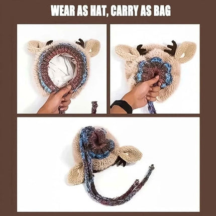 Creative Antler Hat & Bag 2-in-1 Festive Reindeer Knitted Beanie