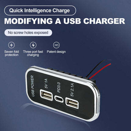 12V-24V Car Charger Dual USB+PD 3-Port Panel 36W Fast Charging