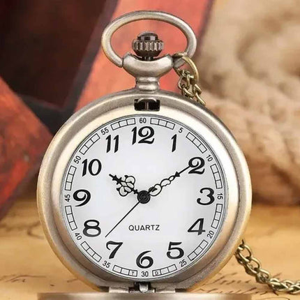 Vintage Bronze Quartz Pocket Watch with Dragon & Phoenix Chain