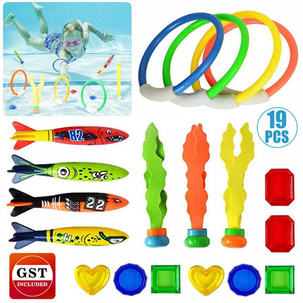 19pcs Kids Underwater Diving Toy Set, Swimming Pool Dive Rings & Seaweeds
