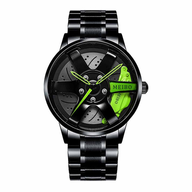 Mens Quartz Car Wheel Design Watch, Sporty Mesh Rim Wristwatch