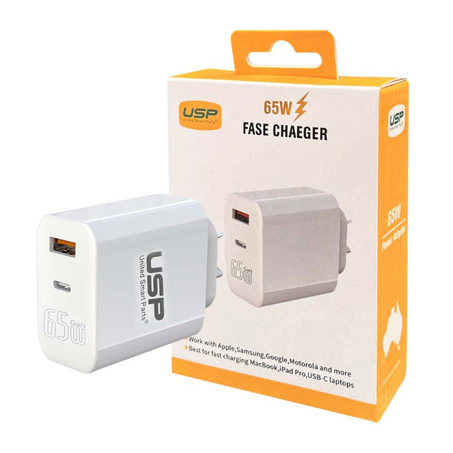 65W GaN Fast Charger QC3.0 PD3.0 Type-C AU Plug for iPad MacBook Laptop Phone