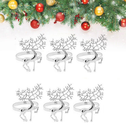 6X Silver Deer Christmas Napkin Rings Alloy Reindeer Napkin Holders