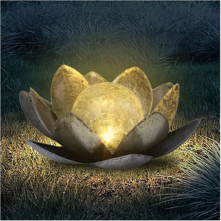 Solar Lotus Flower LED Light, Silver Crackle Glass Ball 28cm Ornament