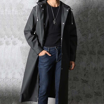Waterproof Long Men's Raincoat, Black Hooded Trench Jacket for Hiking