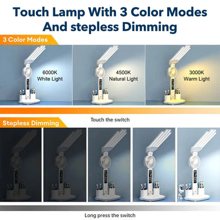 4-in-1 LED Desk Lamp with Fan, Dimmable Reading Light & Night Lamp