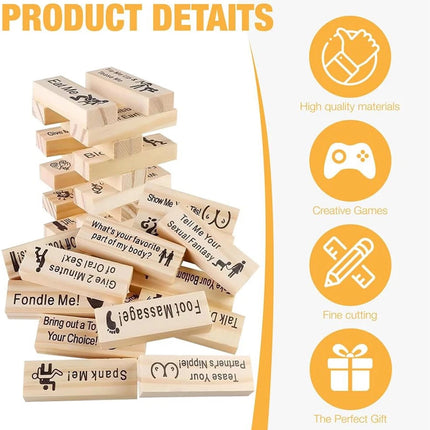 48pcs Wooden Naughty Tower Date Night Game for Couples w/ Bag