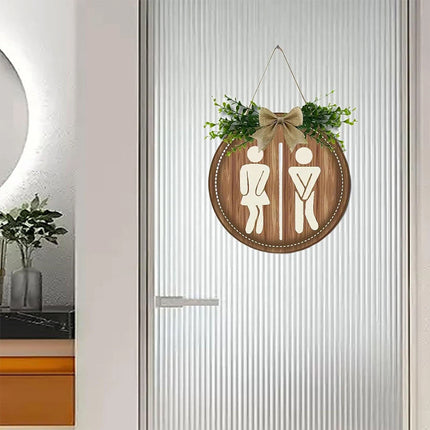 Wooden Toilet Sign Round Hanging Bathroom Door Plaque Wall Decor 23cm