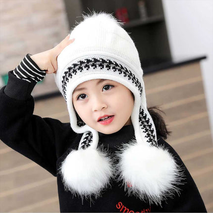 Women's Knitted Beanie Bobble Hat Ear Flap Pom Pom Ski Cap Warm White