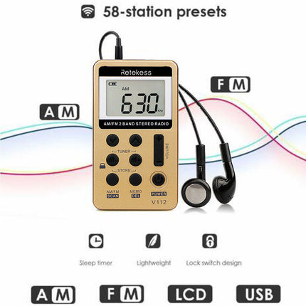Pocket AM FM Radio Retekess V112 Rechargeable Stereo Earphone Sport Player