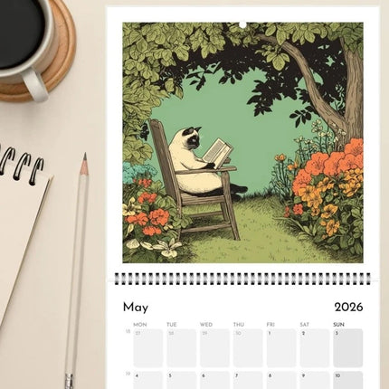 2026 Cats Chillin with Books Wall Calendar Cat Themed Illustration Planner