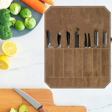 Canvas Chef Knife Roll Up Bag Khaki Portable Kitchen Knife Storage Organizer