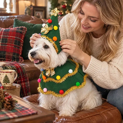 Christmas Tree Pet Cape Shawl, Festive Dog & Cat Costume Outfit for Puppy