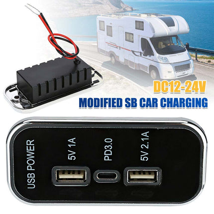 12V-24V Car Charger Dual USB+PD 3-Port Panel 36W Fast Charging