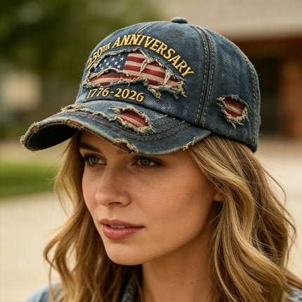 Patriotic Denim Baseball Cap 250th US Anniversary 1776-2026 Print