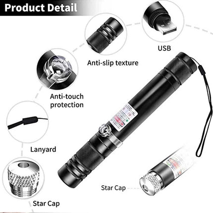 Red Aluminium Green Beam Laser Pointer USB Rechargeable 532nm