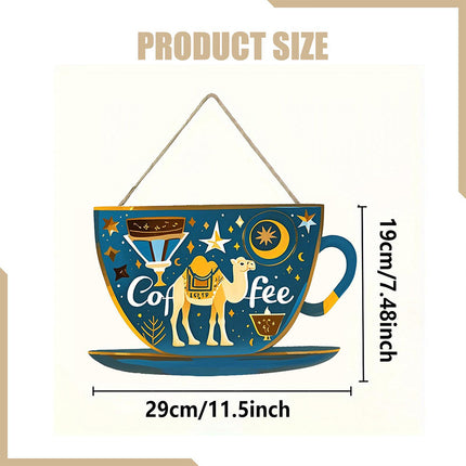 Coffee Bar Door Sign with Rope, Rustic Wooden Cup Plaque Wall Decor