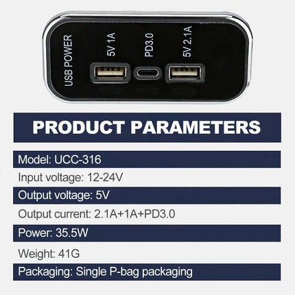 12V-24V Car Charger Dual USB+PD 3-Port Panel 36W Fast Charging