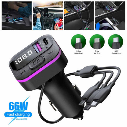 Car Bluetooth FM Transmitter USB Type C Fast Charger Hands Free Adapter