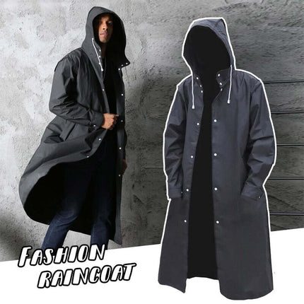 Waterproof Long Men's Raincoat, Black Hooded Trench Jacket for Hiking