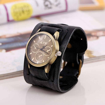 Retro Punk Leather Cuff Watch – Wide Band Quartz Wristwatch for Men