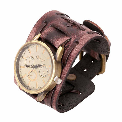 Retro Punk Leather Cuff Watch – Wide Band Quartz Wristwatch for Men