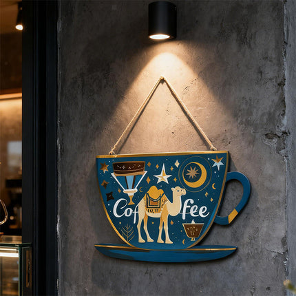 Coffee Bar Door Sign with Rope, Rustic Wooden Cup Plaque Wall Decor