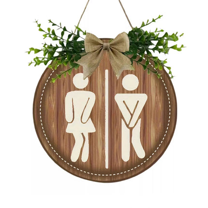 Wooden Toilet Sign Round Hanging Bathroom Door Plaque Wall Decor 23cm