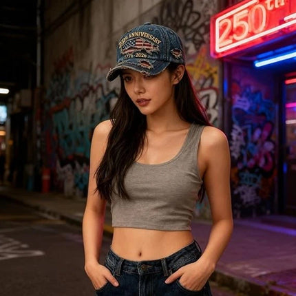 Patriotic Denim Baseball Cap 250th US Anniversary 1776-2026 Print