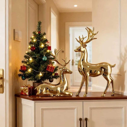 2Pcs Gold Reindeer Statues, Xmas Figurines Holiday Table Centerpiece Decor
