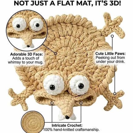 Handmade Crochet 3D Animal Coaster, Cute Knitted Mug Rug Round Drink Mat