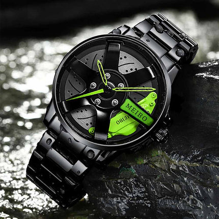 Mens Quartz Car Wheel Design Watch, Sporty Mesh Rim Wristwatch
