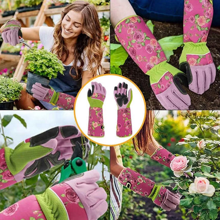 Ladies Thorn Proof Long Sleeve Leather Gardening Gloves with Gauntlet Cuff