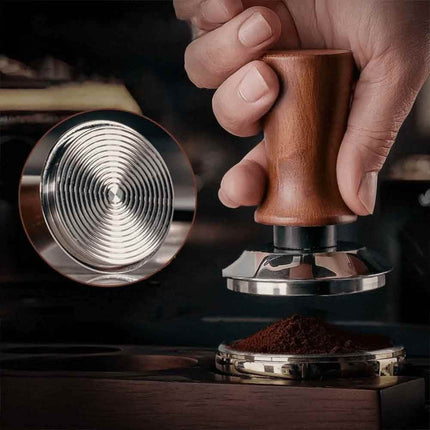 53mm Threaded Beech Wood Coffee Tamper Internal Spring Balanced Force Hammer