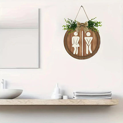 Wooden Toilet Sign Round Hanging Bathroom Door Plaque Wall Decor 23cm