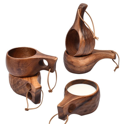 Finnish Kuksa Mug Portable Acacia Wood Handle Cowhide Rope Hook Cup