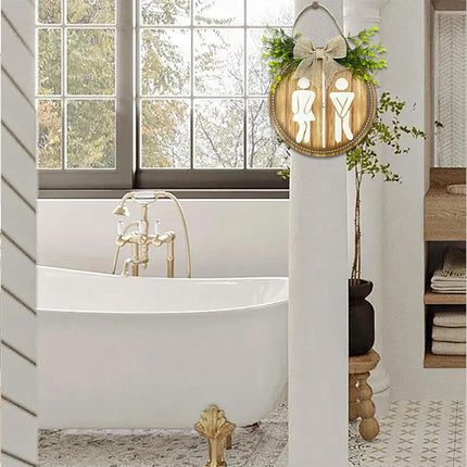 Wooden Toilet Sign Round Hanging Bathroom Door Plaque Wall Decor 23cm