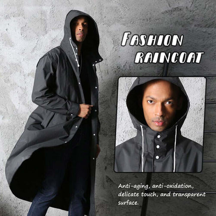 Waterproof Long Men's Raincoat, Black Hooded Trench Jacket for Hiking