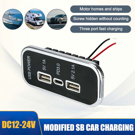 12V-24V Car Charger Dual USB+PD 3-Port Panel 36W Fast Charging