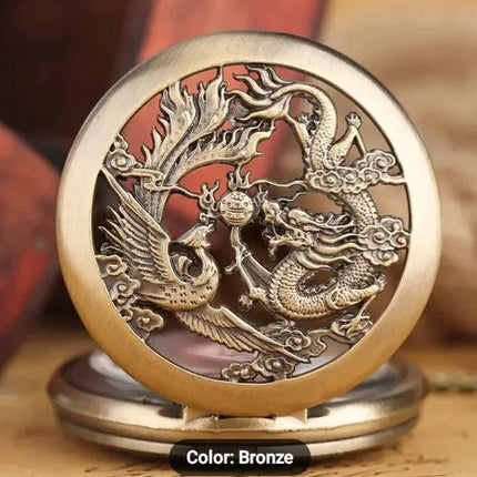 Vintage Bronze Quartz Pocket Watch with Dragon & Phoenix Chain