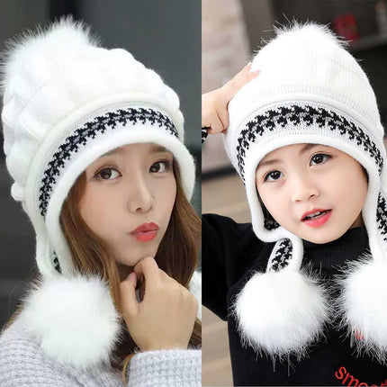 Women's Knitted Beanie Bobble Hat Ear Flap Pom Pom Ski Cap Warm White