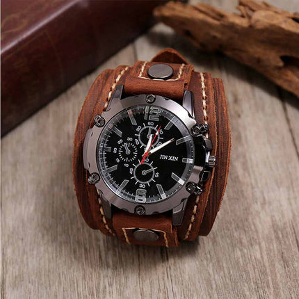 Military Retro PU Leather Strap Watch Men Punk Quartz Cuff Wristwatch