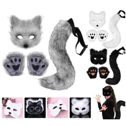 Furry Cat Fox Cosplay Mask Set Christmas Party Costume Tail Paws