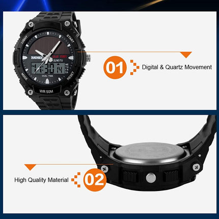 Men's Solar Sports Watch Dual Time LED Digital Waterproof Analog