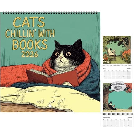2026 Cats Chillin with Books Wall Calendar Cat Themed Illustration Planner