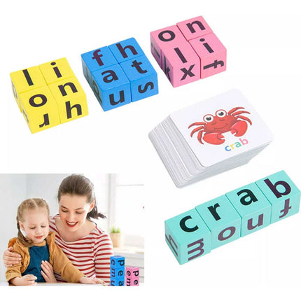 Wooden Crossword Puzzle 16 Bricks Montessori Spelling Game Educational Toy