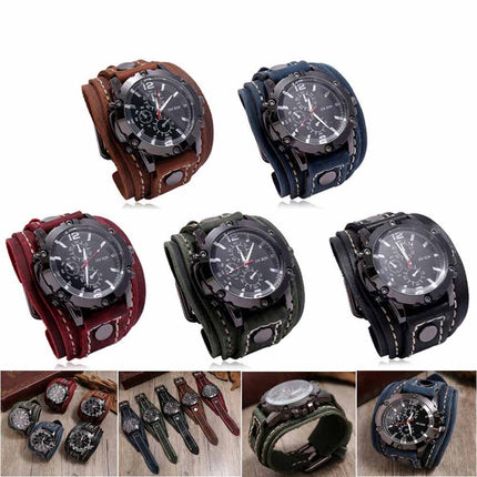 Military Retro PU Leather Strap Watch Men Punk Quartz Cuff Wristwatch