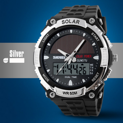 Men's Solar Sports Watch Dual Time LED Digital Waterproof Analog