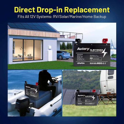 Autory 12.8V 100Ah LiFePO4 Lithium Battery - RV Metal Case Mount Bracket Kit